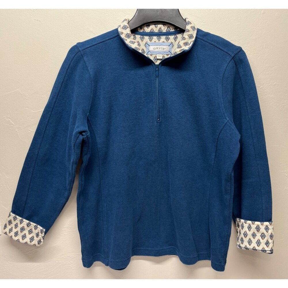 Orvis Womens Large 1/4 Zip Pullover Sweater Sweatshirt Cotton Flip Cuff Blue
